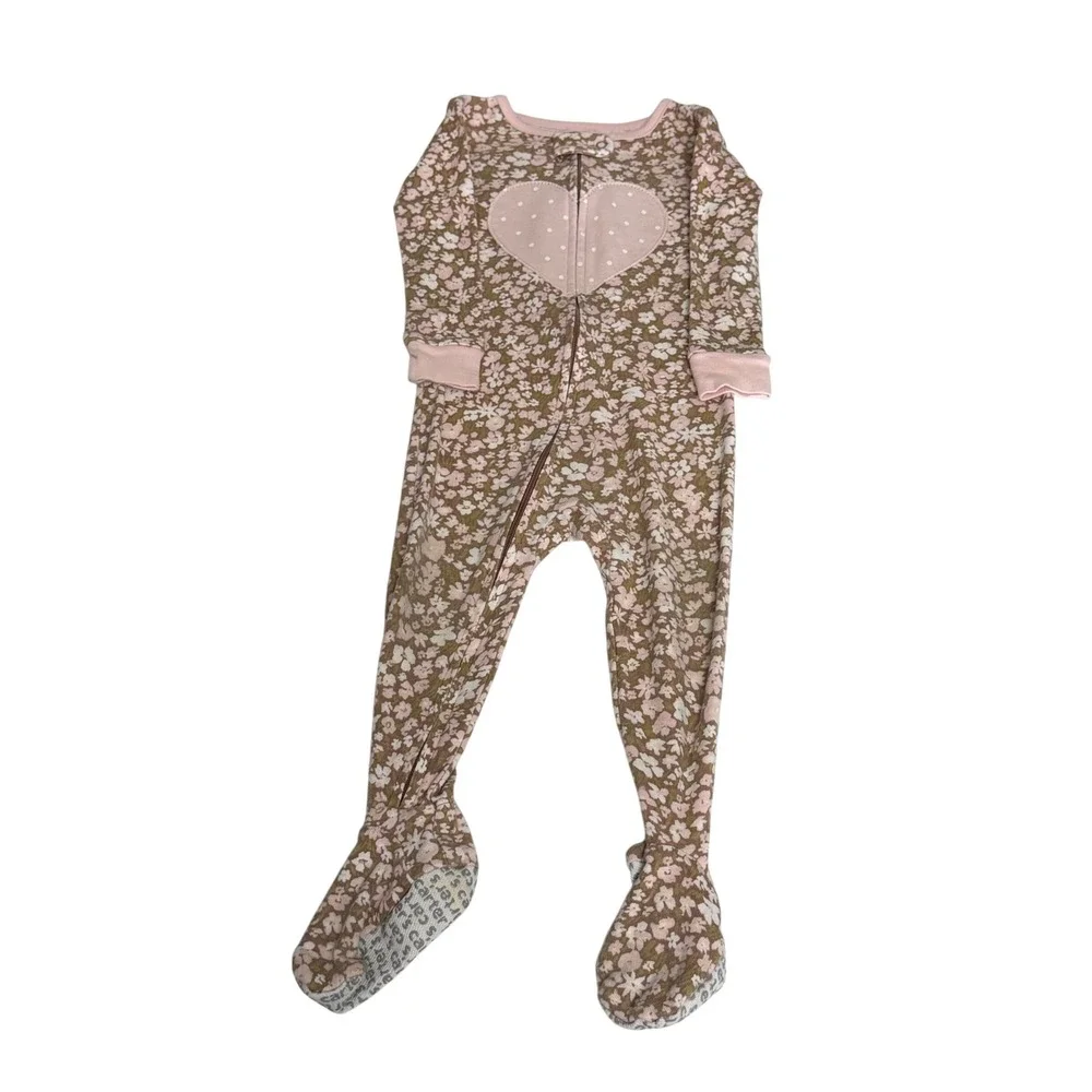 Carters 12M Pink Floral Heart Footed Pajamas Zip Up Sleep Play Cotton